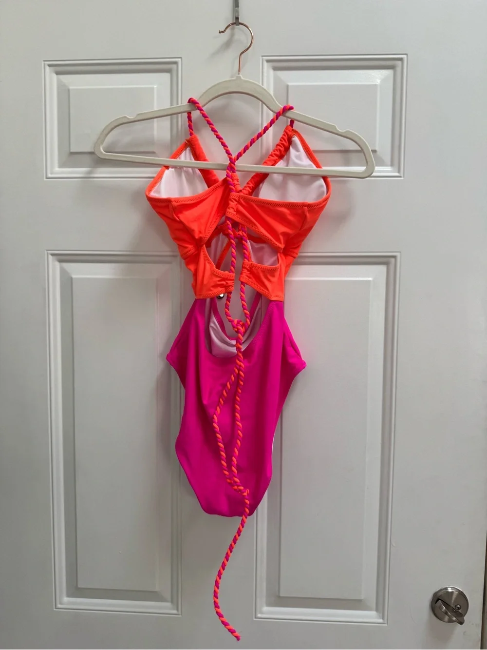 Neon Orange and Hot Pink One-Piece Swimsuit with Braided Straps